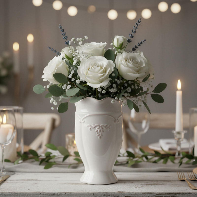 hjn White Ceramic Vase- French Flower Vase for Decor Small Vintage Vases for Flowers/Home Decoration/Kitchen/Table/Living Room/Shelf/Mantel/Office-Height-6.8" - Image 3